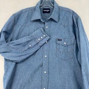 Wrangler Mens Western Snap Denim Shirt Blue Long Sleeve Tall XLT Cowboy Work